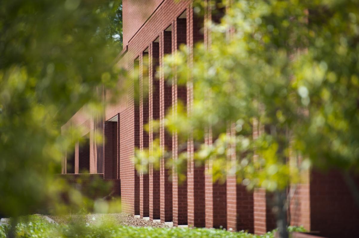 Brick columns with greenery in front.